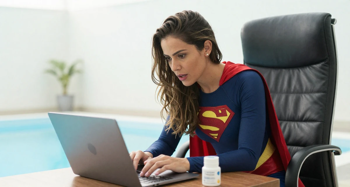 A eager Female From Brazil, trained in physical therapy in their 45, reviewing anti-aging products with honesty, wearing a superheroine spandex suit with a cape, typing on a laptop in a swimming pool.