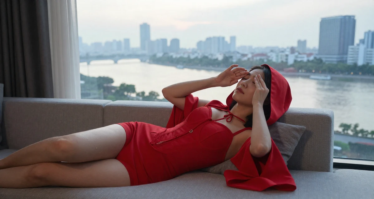 A seductive Female From Ho Chi Minh City Vietnam, studied creative media and personal branding in their 25, discovering the mental toll of constant visibility, wearing a red riding hood inspired cape and corset dress, rubbing eyes in a modern apartment.