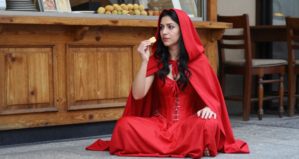 A reflective Female From Istanbul Türkiye, learned belly dance and expressive movement in their 25, understanding which content gains real engagement, wearing a red riding hood inspired cape and corset dress, holding a snack in a bakery counter.