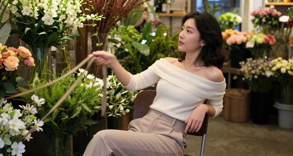 A soft Female Once a geography teacher, now producing warm travel-inspired content in their 25, strengthening personal boundaries and priorities, wearing a off-the-shoulder knit top and fitted trousers, holding a leash in a flower shop.