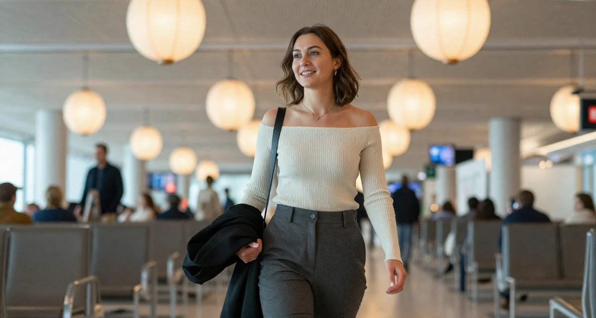 A cheerful Female From Finland, studied graphic design and branding in their 25, evaluating whether to rebrand for better growth, wearing a off-the-shoulder knit top and dress pants, putting on a jacket in a airport departure lounge.