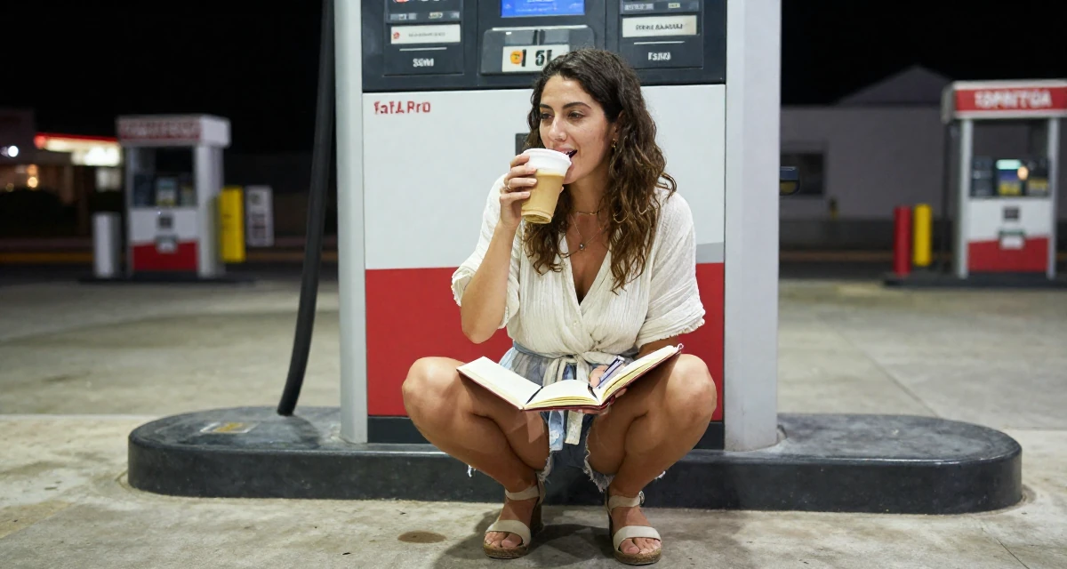 A ecstatic Female From Portugal, based in Faro, graduated from a media institute majoring in stylish audiovisual curation in their 32, exploring sustainable fashion and ethical living, wearing a breezy summer vacation outfit, sipping a latte in a gas station at night.