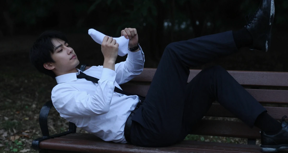 A gentle male Once a gym receptionist, now building her own fan-driven fitness brand in their 22, experimenting with cosplay or themed shoots, wearing a sharp business casual attire, pulling up a sock in a park bench.