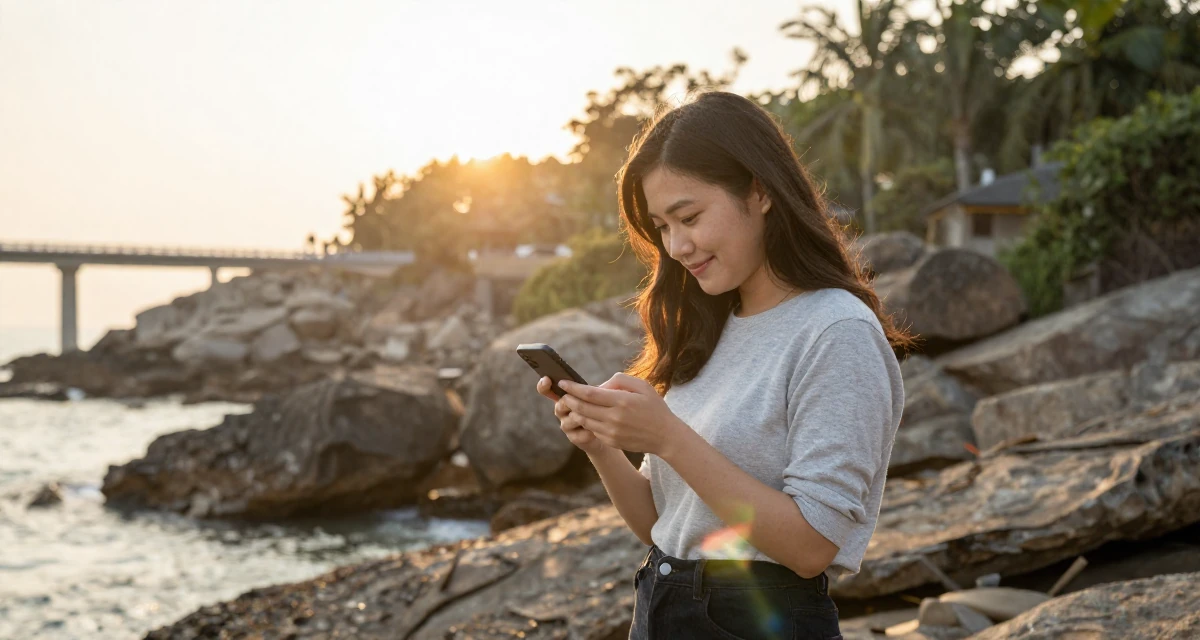 A softly smiling Female From Hanoi Vietnam, holds a degree in economics in their 20, navigating the awkwardness of early adulthood, wearing a modern casual lifestyle wear, unlocking a phone screen in a rocky ocean cliff.