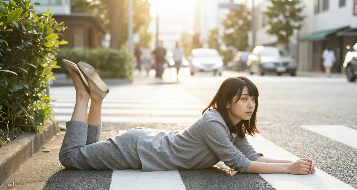 A soulful Female From Tokyo Japan, majored in literature in their 22, learning workplace expectations and boundaries, wearing a grey tones casual wear, stretching arms in a busy crosswalk.