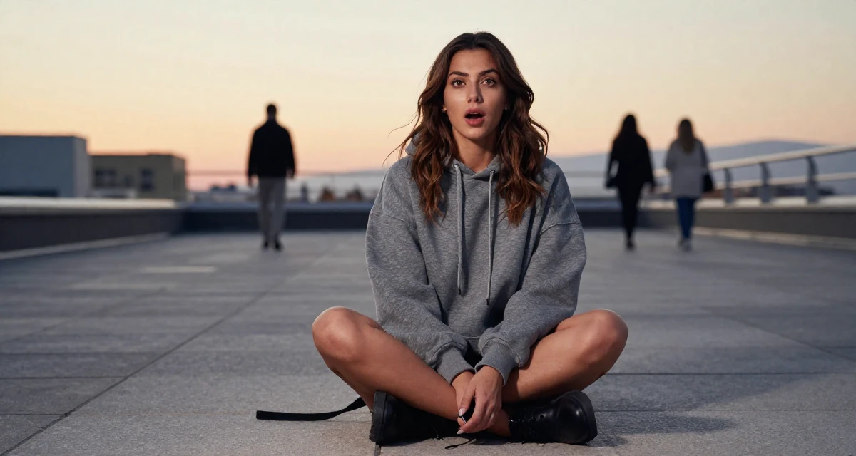 A eager Female From Greece, studied philology in their 23, decoding the unwritten rules of corporate life, wearing a trendy oversized hoodie, holding a leash in a rooftop terrace at sunset.
