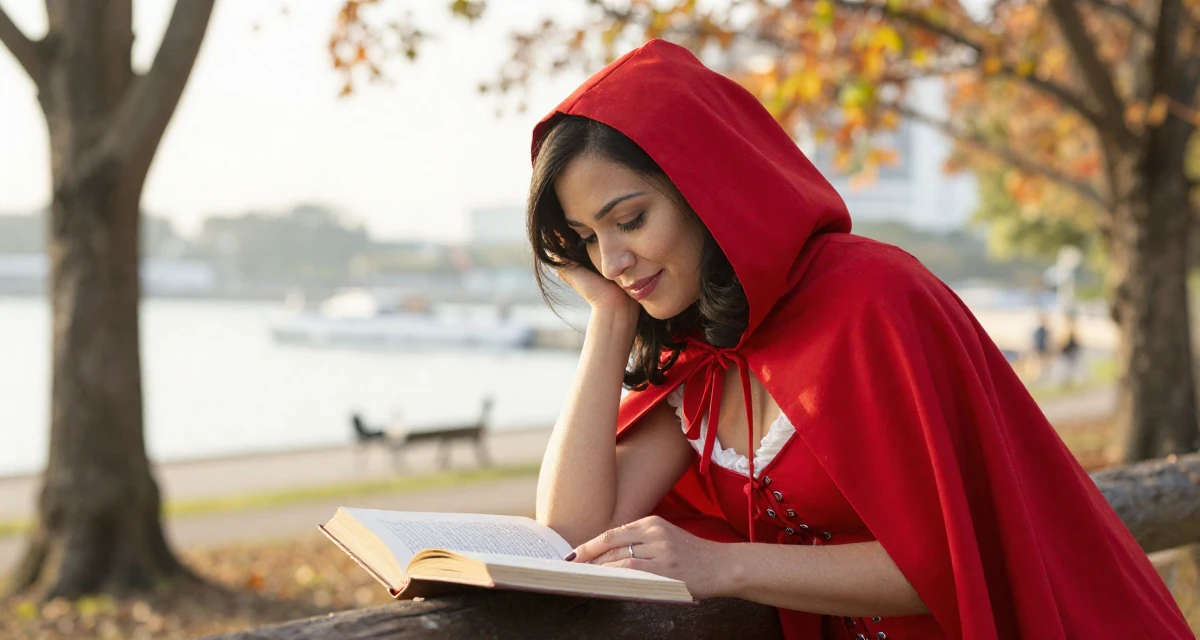 A amused Female From Singapore, has a degree in business management in their 45, expert in vintage wine and culinary arts, wearing a red riding hood inspired cape and corset dress, opening a book in a autumn forest.