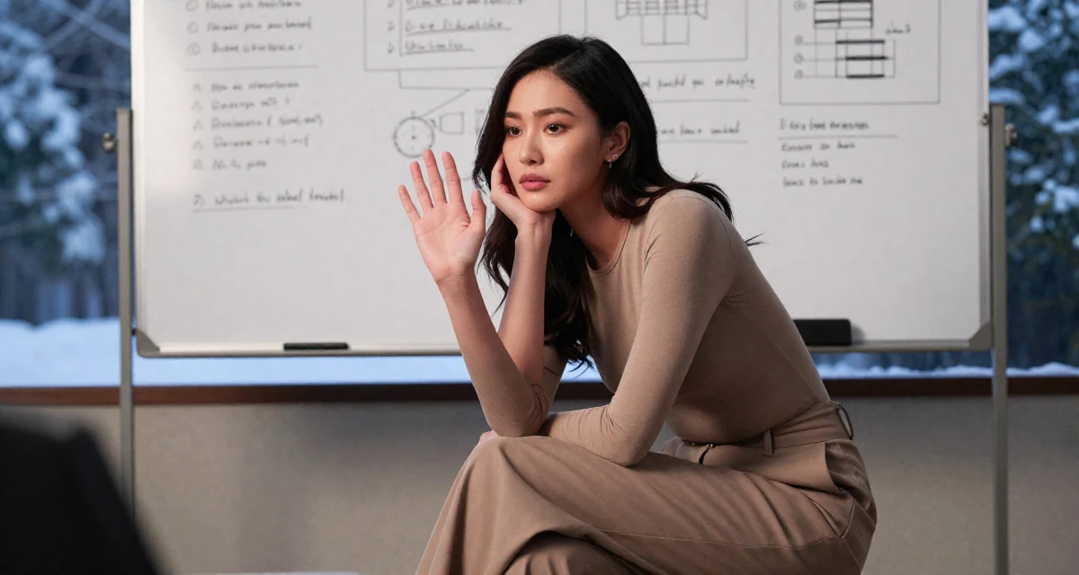 A contemplative Female From Kuala Lumpur Malaysia, majored in accounting in their 31, feeling the biological clock or societal pressure, wearing a fitted bodysuit and wide-leg dress pants, waving to someone in a tv set.