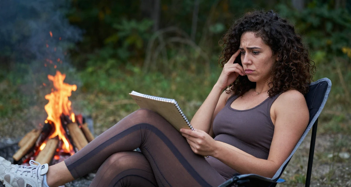 A confused Female Once a real-estate assistant, now a full-time self-portrait artist in their 24, managing emotional ups and downs from online criticism, wearing a sheer paneled leggings and a sports crop top, holding a notebook in a campfire circle.