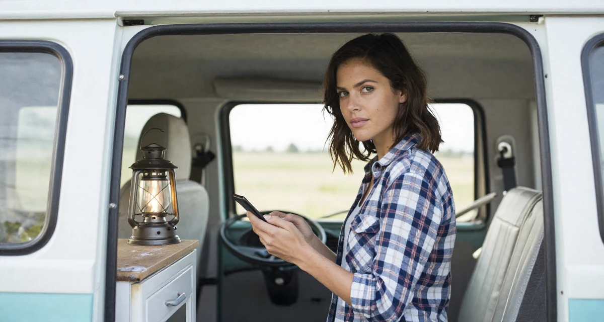 A proud Female Once a high-school English tutor, now exploring sensual storytelling in their 35, renovating a vintage van for travel, wearing a casual plaid button-down, checking a phone in a modern apartment.