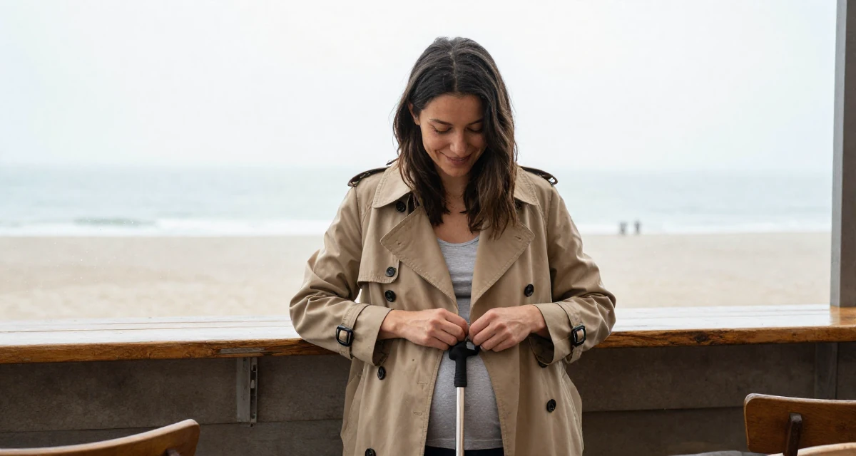 A relaxed and happy Female From Argentina, based in Buenos Aires, graduated from a media institute majoring in flirtatious content styling in their 31, sharing the reality of post-partum recovery, wearing a stylish trench coat over basics, buttoning a jacket in a beach bar.