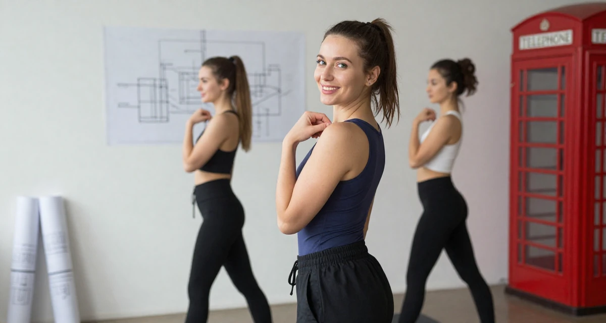 A joyful Female From Russia, studied mathematics and cybernetics in their 26, dealing with younger competition while finding identity, wearing a high-cut bodysuit paired with loose jogging bottoms, adjusting a collar in a yoga studio.