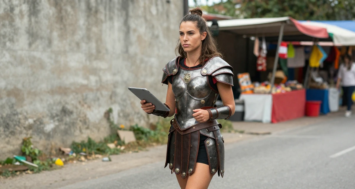 A stoic and strong Female Once a financial analyst, now creating emotionally raw premium content in their 22, exhausted from the hustle of side gigs, wearing a gladiator armor with leather straps and a metal breastplate, holding a tablet in a country road.