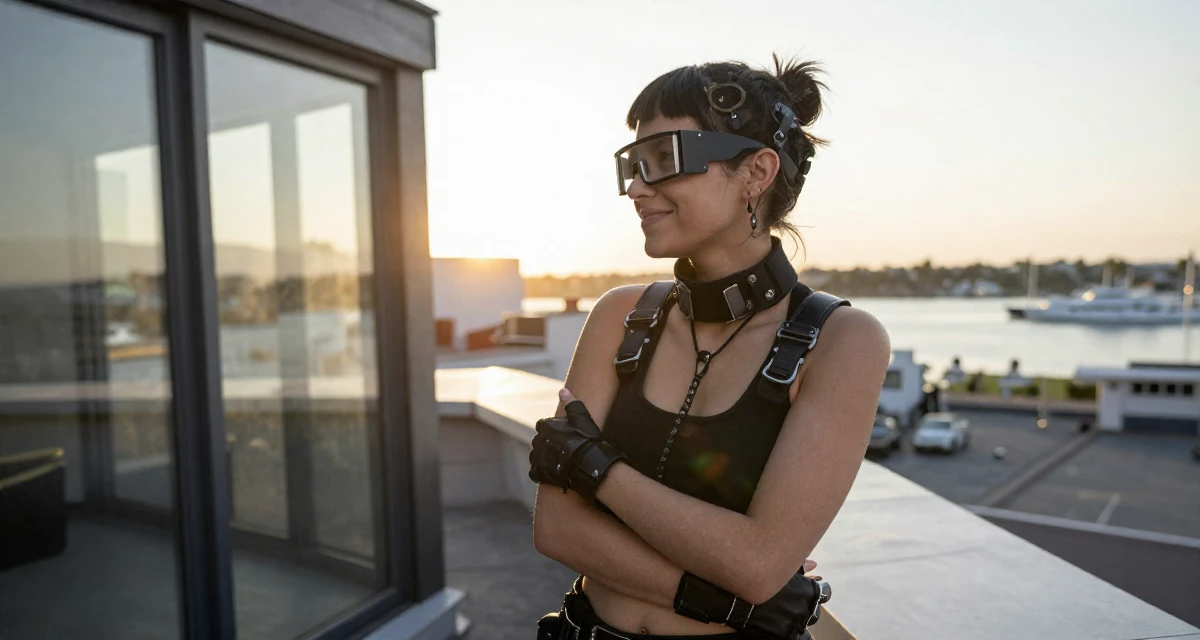 A smirking Female Once a biology student, now exploring sensual posing as art in their 25, balancing social life with evolving ambitions, wearing a cyberpunk hacker outfit with oversized tech glasses, looking out the window in a rooftop terrace.