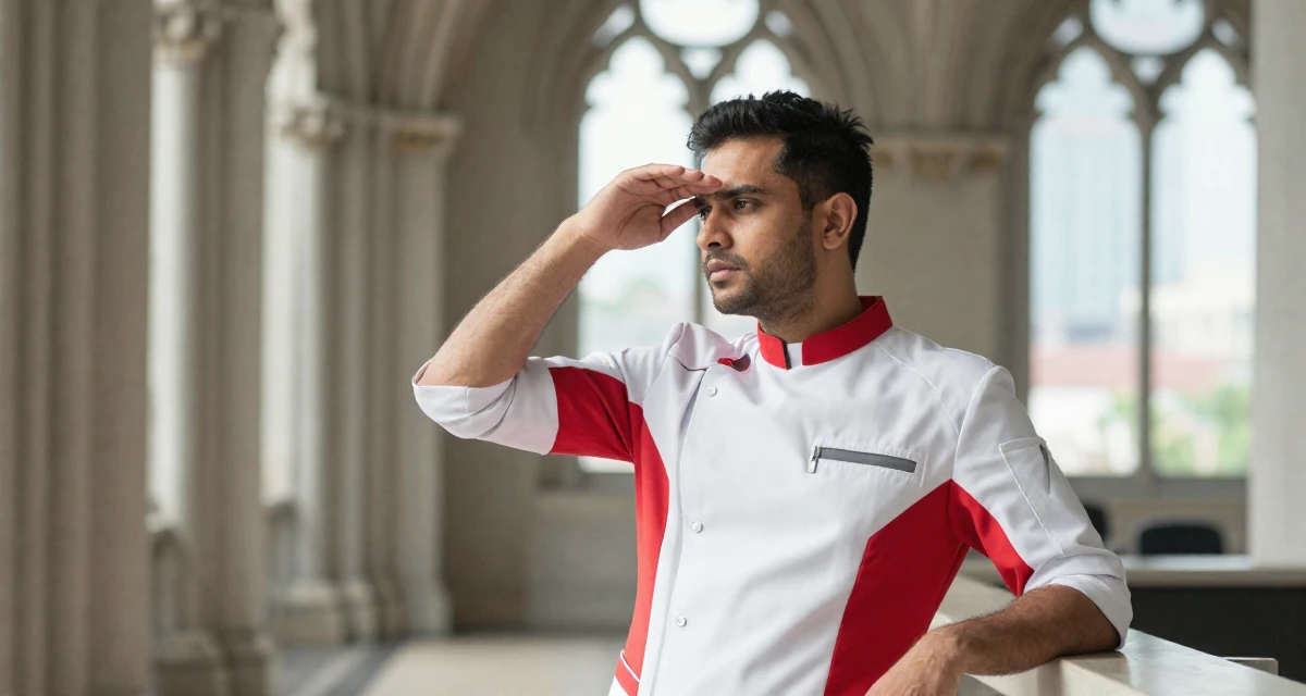 A lonely male From Sri Lanka, studied supply chain management in their 46, sharing elegant fashion tips for the office, wearing a futuristic medic uniform with white and red details, shading eyes with a hand in a gothic cathedral interior.