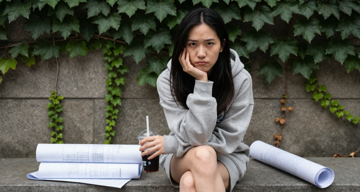 A stoic and strong Female From Shenzhen China, graduated in computer science in their 25, testing personal boundaries through new experiences, wearing a oversized hoodie worn as a dress, holding a cold drink in a university campus.