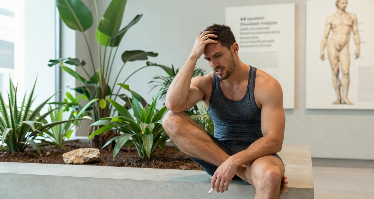 A spirited male From Rome Italy, studied classical body aesthetics and figure drawing in their 24, observing peers’ progress and feeling comparison pressure, wearing a strappy gym top and compression shorts, holding a cigarette (lit or unlit) in a museum exhibit.