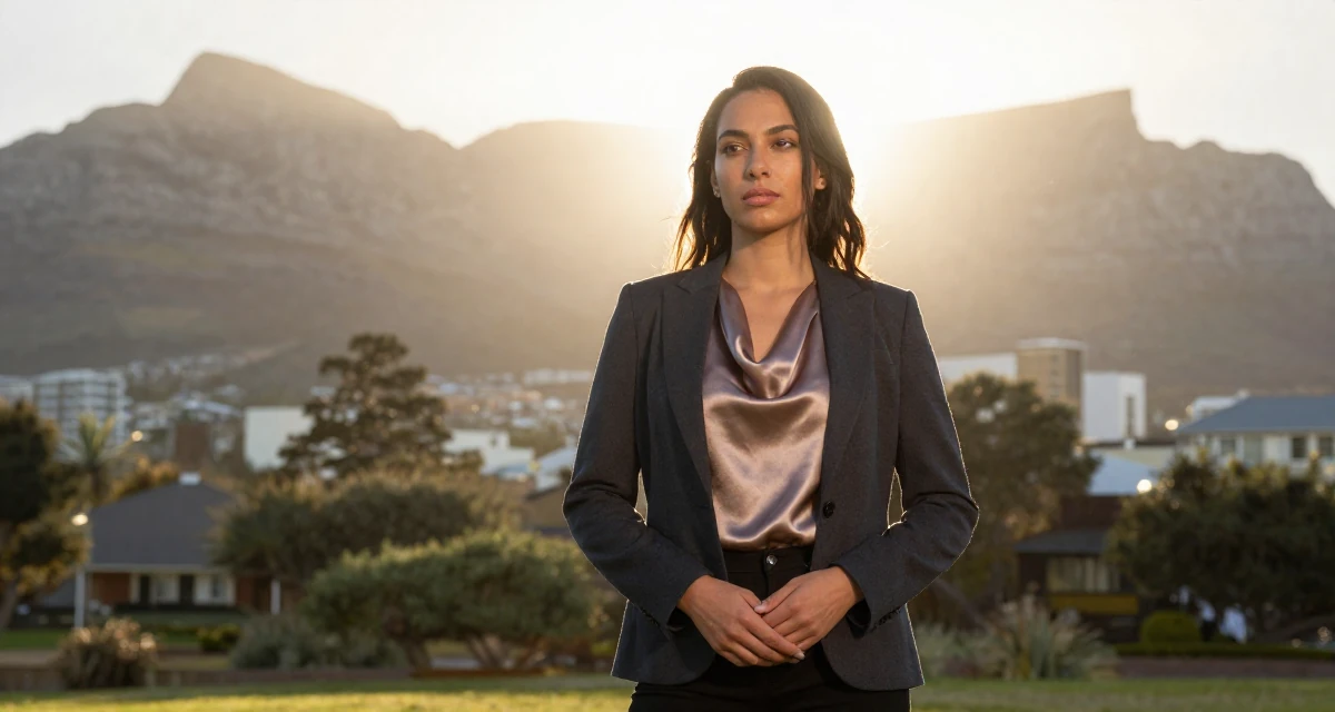 A disinterested Female From Cape Town South Africa, learned outdoor modeling and posing in their 37, creating a slow-living lifestyle in the suburbs, wearing a satin cowl neck top under a business suit, clasping hands together in a art gallery.