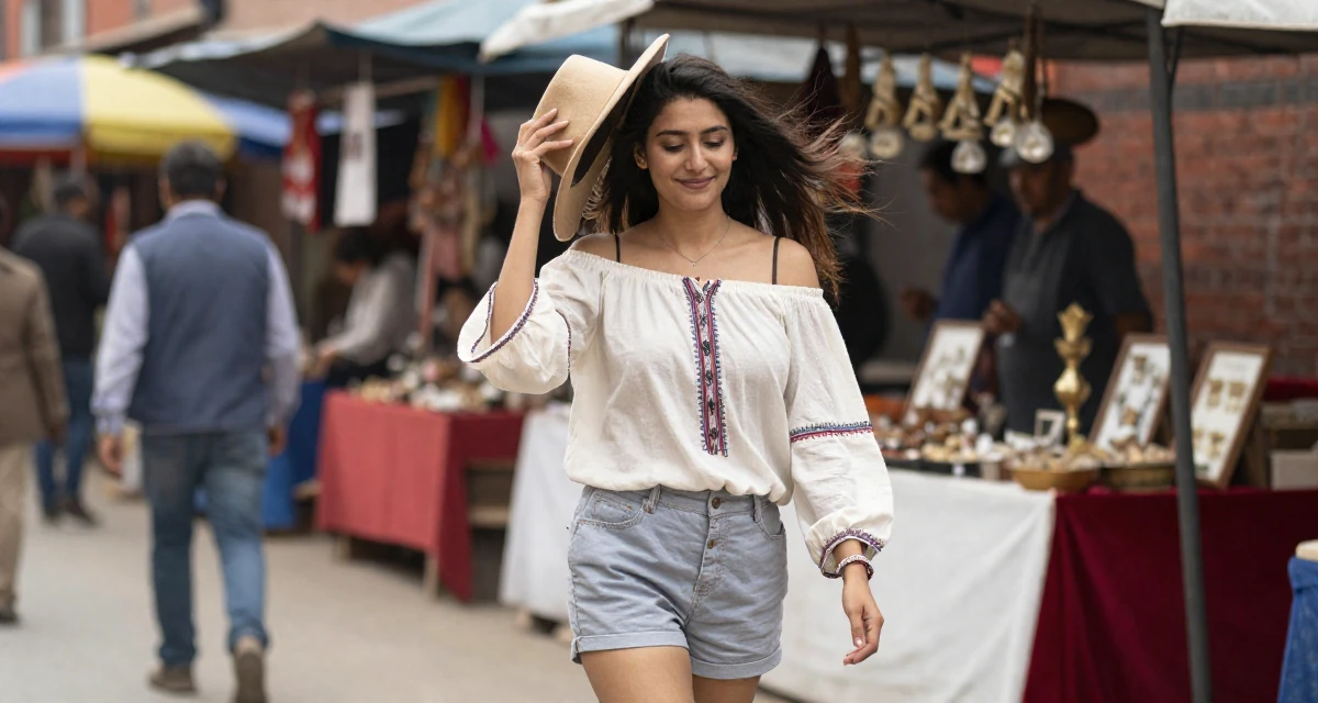 A upbeat Female Born in Nepal, studied urban planning in their 25, smiling gently with a secret inner peace, wearing a boho style off-shoulder peasant top and shorts, holding a hat against the wind in a wedding venue.