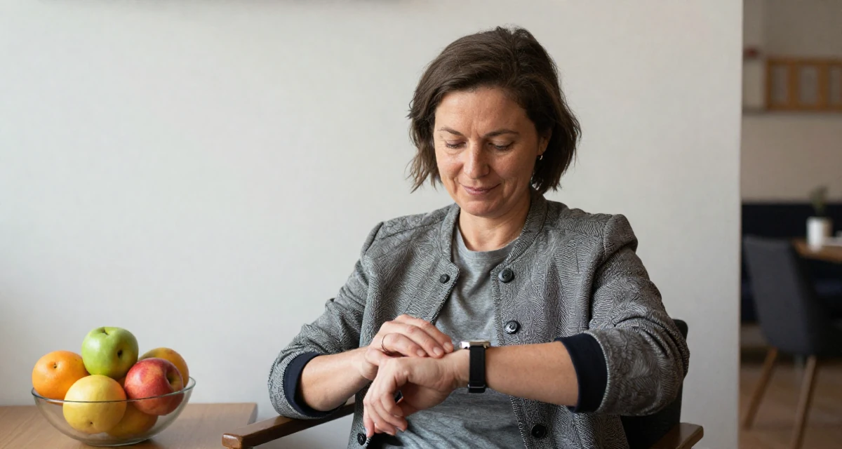A friendly Female From Stockholm Sweden, studied minimalist aesthetics and body symmetry in their 50, golden jubilee celebration of life, wearing a structured jacket with casual tee, checking a wristwatch in a waiting room.
