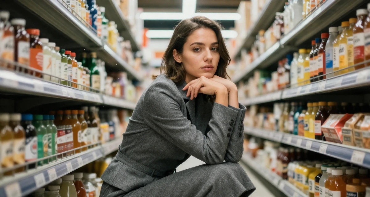 A thoughtful Female Once a supermarket clerk, now building a slow-life creator brand in their 24, exploring side hustles to supplement income, wearing a grey wool skirt suit with a fitted jacket, clasping hands together in a supermarket aisle.