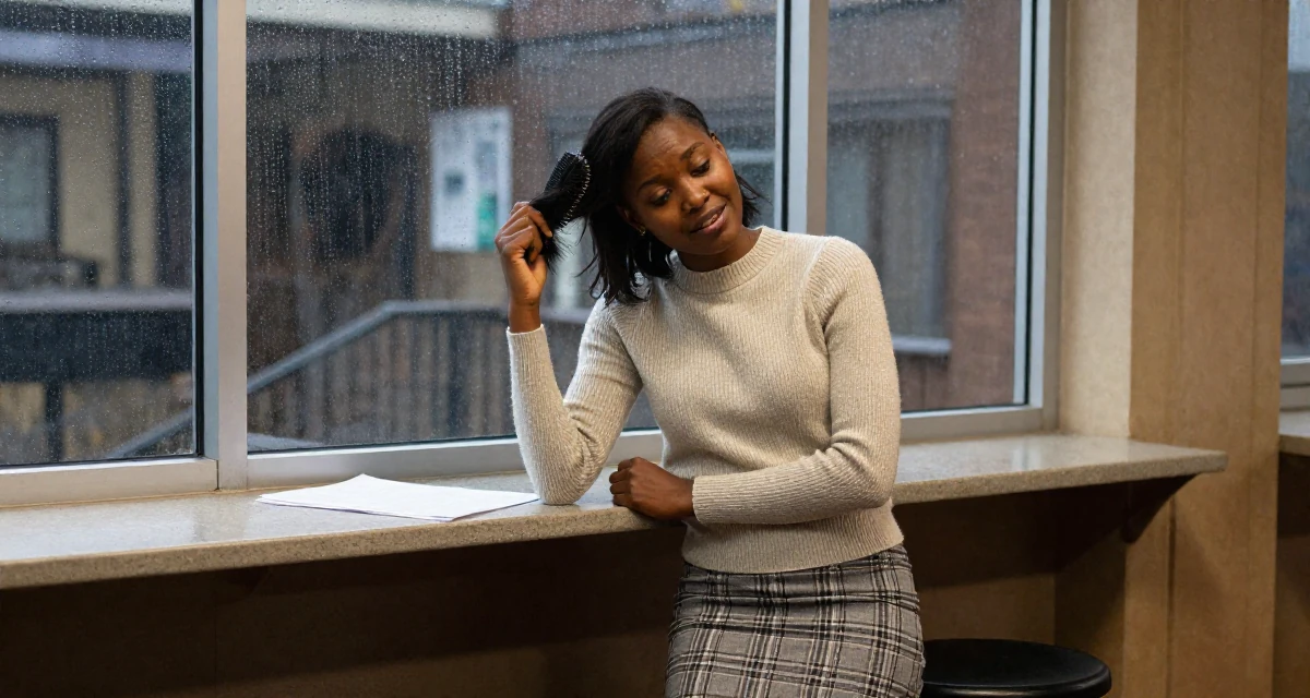 A radiant Female Born in Kenya, majored in mathematics education in their 24, worried about the future of the economy, wearing a fitted merino wool sweater and plaid mini skirt, brushing hair away from the face in a cinema entrance.