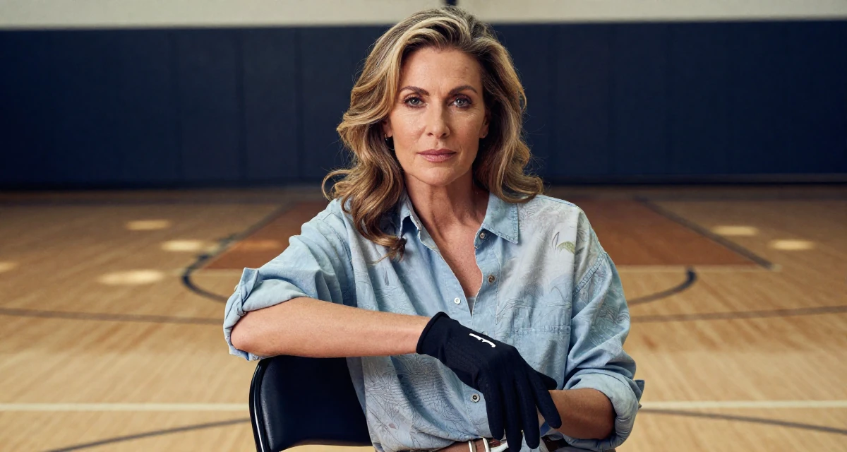 A dignified Female From USA, studied supply chain management in their 51, switching careers later in life, wearing a relaxed vacation shirt, removing a glove in a basketball court.