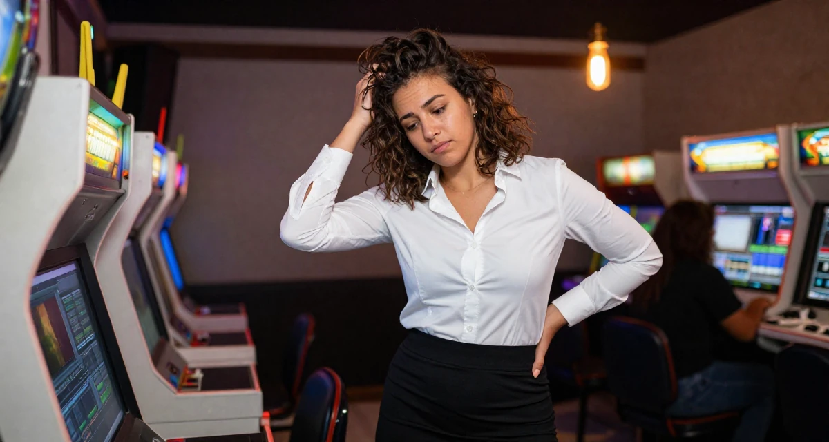 A content Female From Cape Town South Africa, studied film editing in their 24, feeling cynical about the corporate ladder, wearing a fitted white button-down shirt and a black pencil skirt, messing up hair playfully in a arcade room with neon lights.