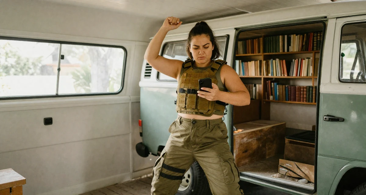 A defiant Female From Jakarta Indonesia, developed body-positive messaging through community work in their 35, renovating a vintage van for travel, wearing a tactical military gear with a cropped vest and cargo pants, checking a phone in a quiet library corner.