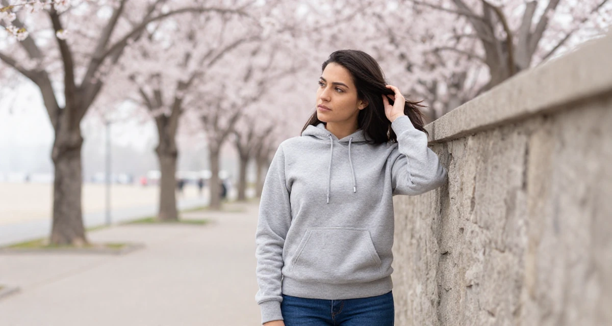 A self-assured Female From Peru, based in Arequipa, graduated from a local university majoring in business communication in their 23, looking sophisticated but feeling lost inside, wearing a classic grey hoodie and jeans, brushing hair back in a cherry blossom park.