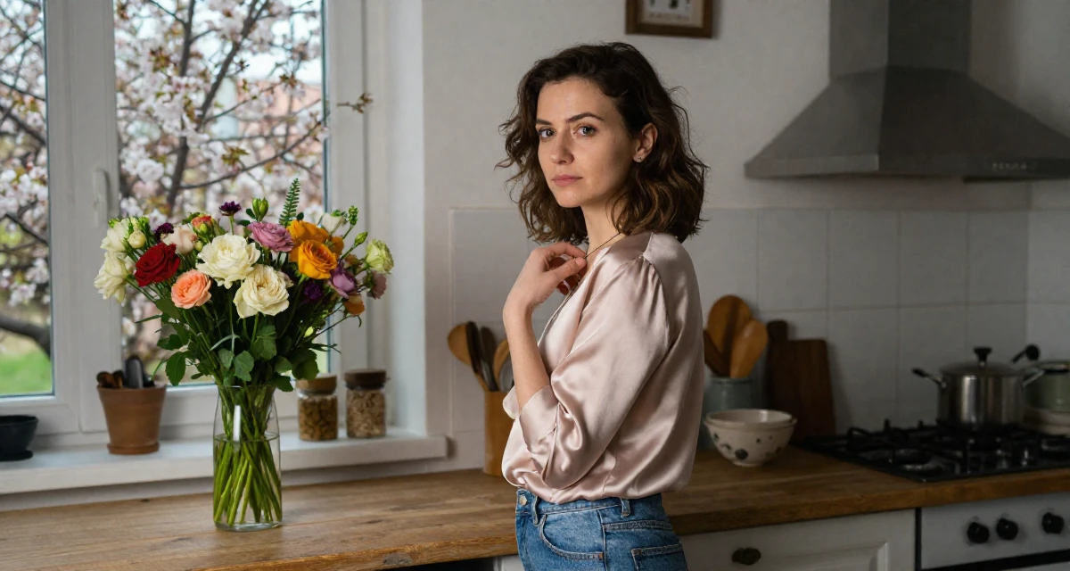 A thoughtfully silent Female From Slovakia, based in Bratislava, graduated from a media school majoring in mood-driven digital design in their 36, sharing tips for organizing a chaotic home, wearing a soft silk blouse and jeans, touching a necklace in a rustic kitchen.