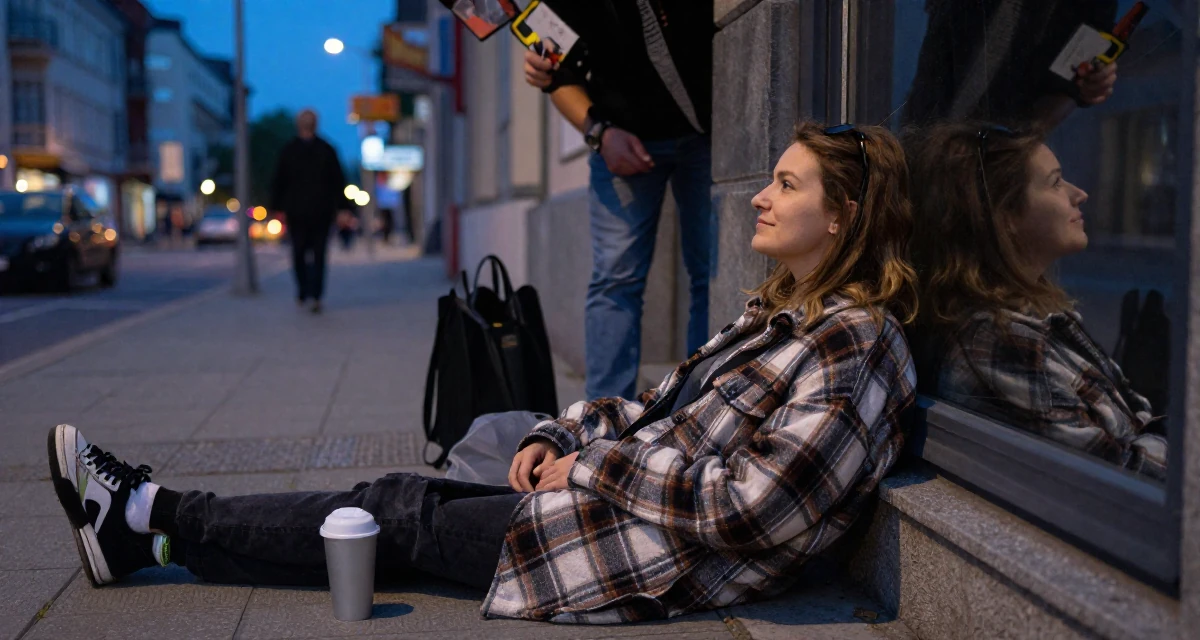 A gentle Female From Poland, studied biotechnology in their 25, learning boundaries the hard way from pushy fans, wearing a cozy oversized flannel, looking at a reflection in a window in a city sidewalk.