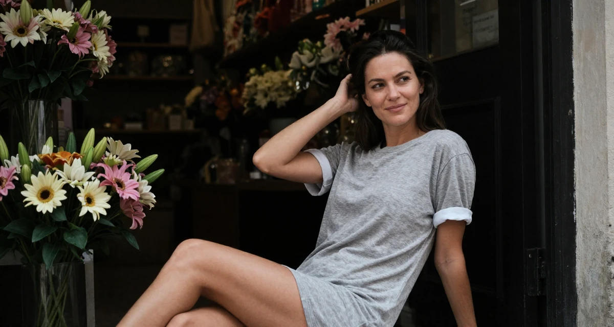A smirking Female Once a swimwear shop clerk, now modeling her own collections in their 49, preparing for a spiritual pilgrimage, wearing a t-shirt dress with the sleeves rolled up, tucking hair behind an ear in a flower shop entrance.