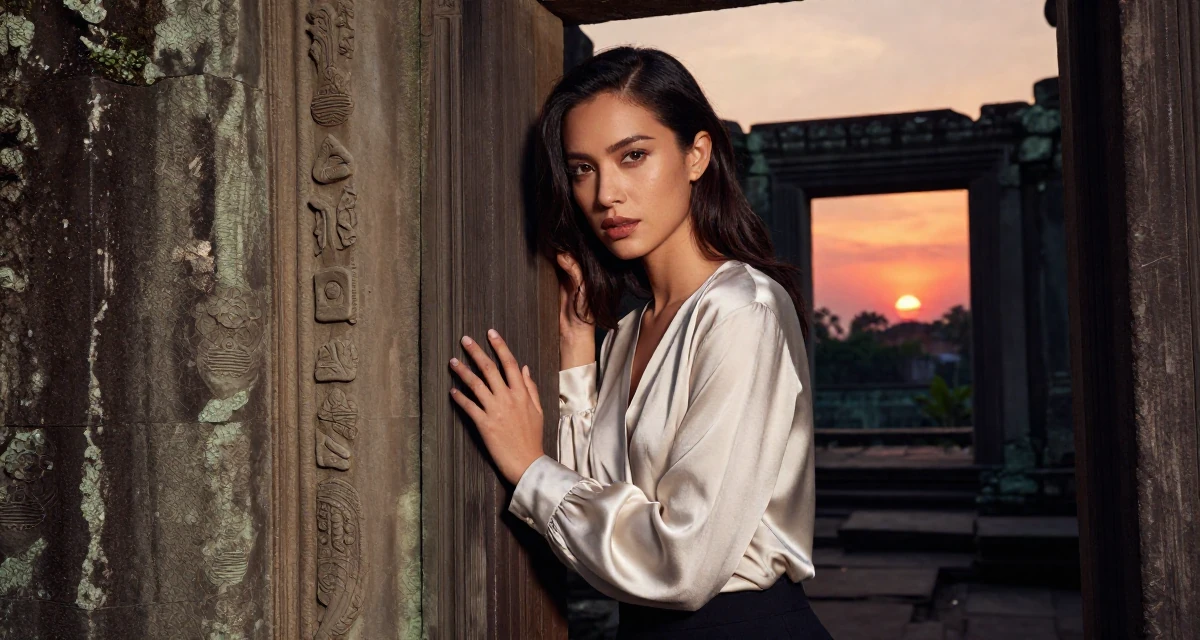 A hypnotic Female From Singapore, majored in digital content strategy and visual aesthetics in their 24, building a sensual brand with consistency, wearing a silk blouse with oversized cuffs, leaning against a door in a ancient stone ruins.
