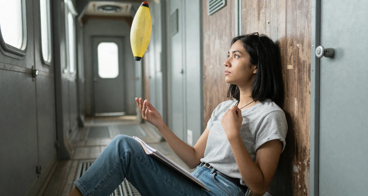 A solemn Female From Malaysia, majored in international business in their 25, juggling part-time jobs with studies, wearing a comfortable urban casual outfit, fiddling with a necklace in a spaceship corridor.