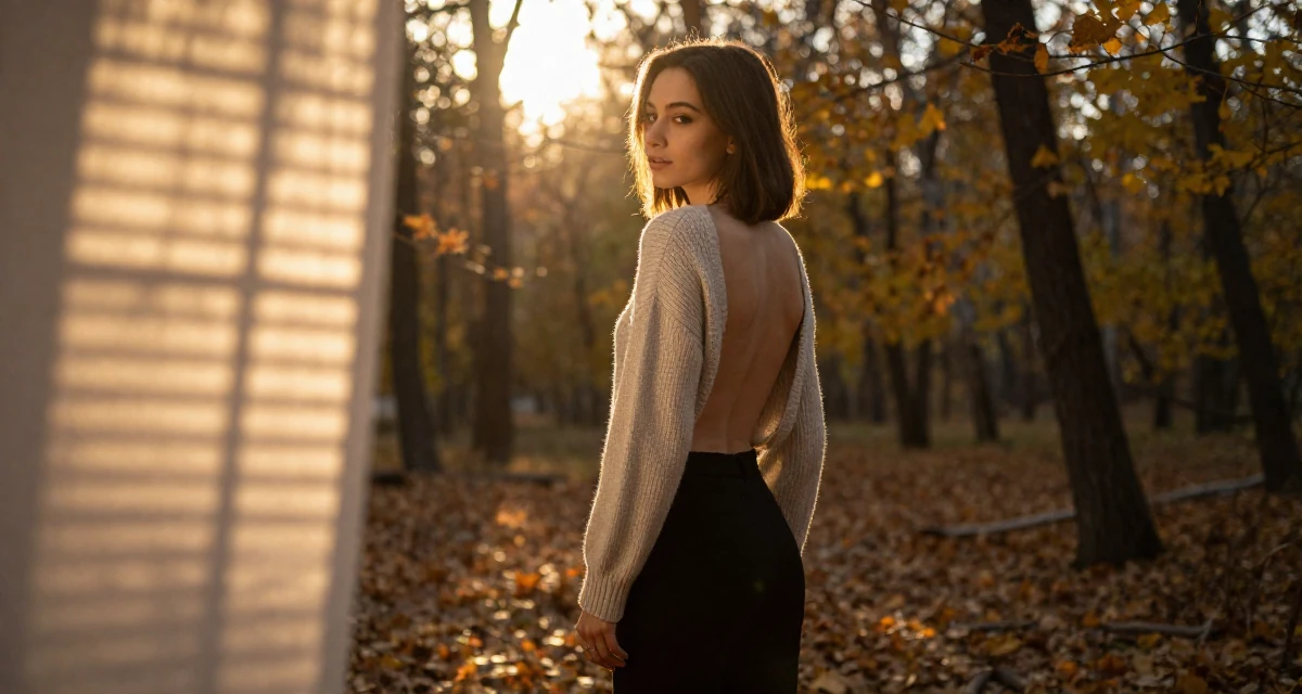 A reflective Female From Kazakhstan, studied financial mathematics in their 22, developing a bold persona that feels authentically “me”, wearing a open-back sweater showing the spine, tapping a foot rhythmically in a autumn forest.