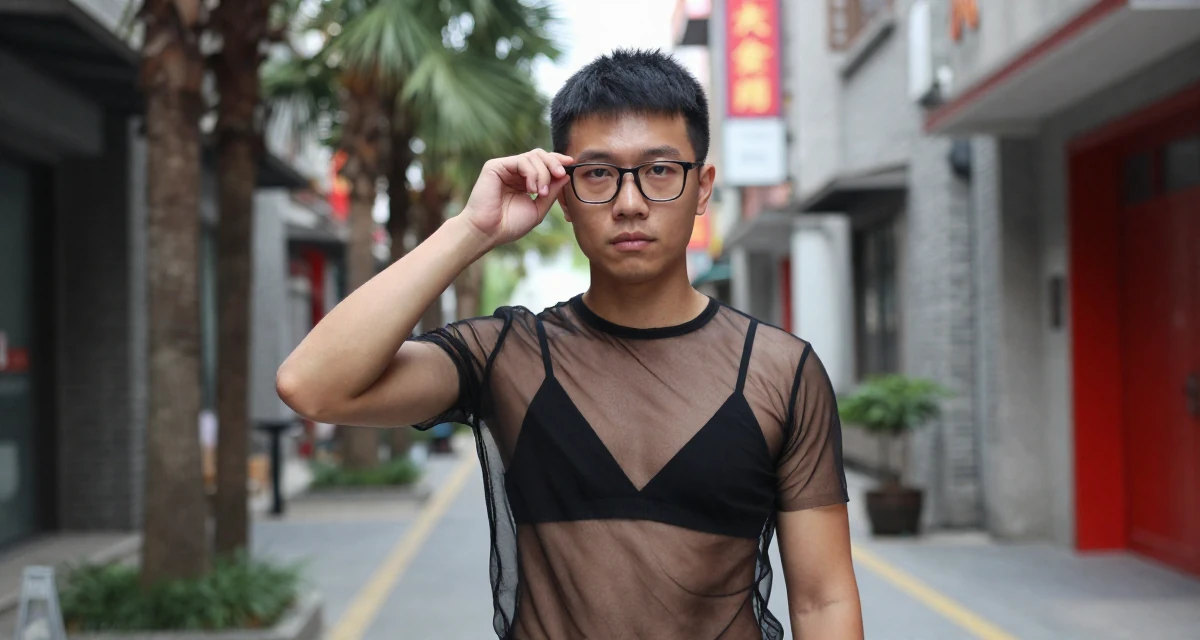 A steady male From Shanghai China, grew up studying dance and digital arts in their 24, managing emotional ups and downs from online criticism, wearing a sheer mesh top layered over a black bralette, pushing glasses up the nose in a neon-lit alleyway.