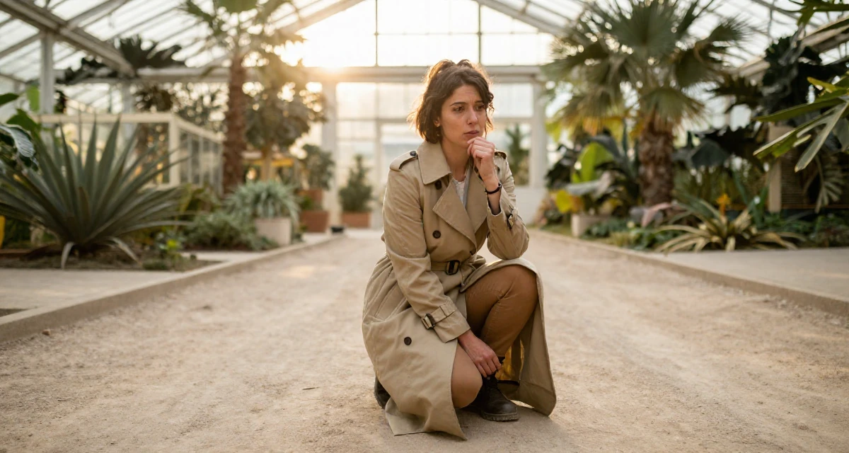 A vulnerable Female From Belgium, majored in political science in their 31, digital nomad setting up a base in a new city, wearing a long trench coat belted tightly at the waist, shifting weight impatiently in a botanical greenhouse.