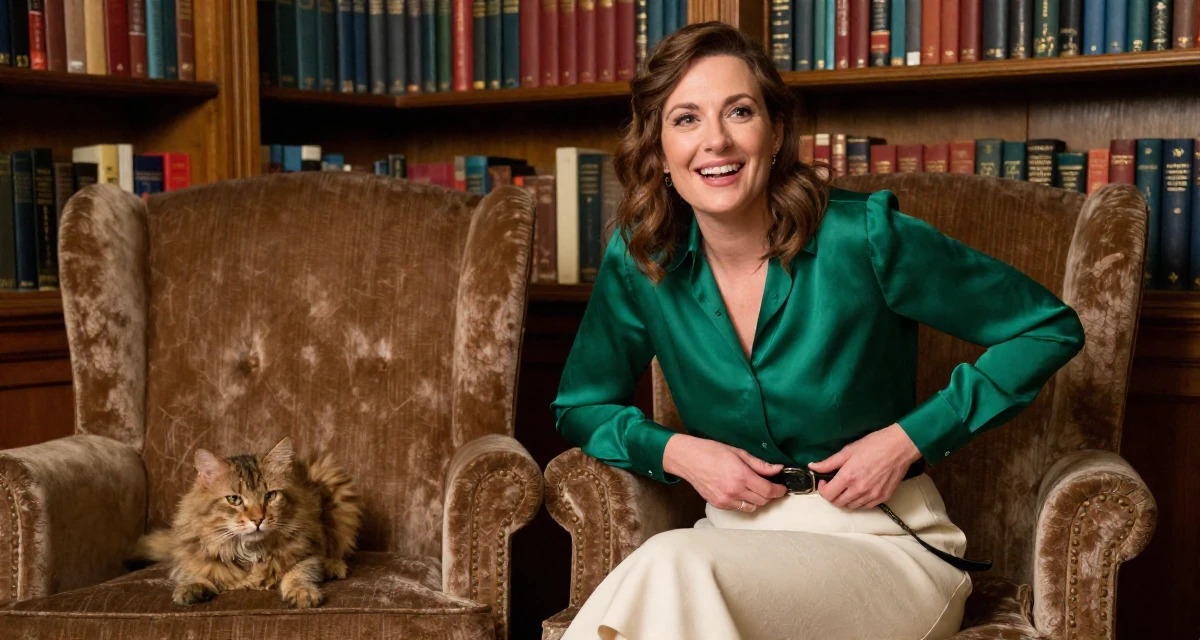 A joyful Female From England, majored in philosophy in their 34, taking care of pets and household, wearing a emerald green silk blouse and a cream skirt, adjusting a belt in a quiet library corner.