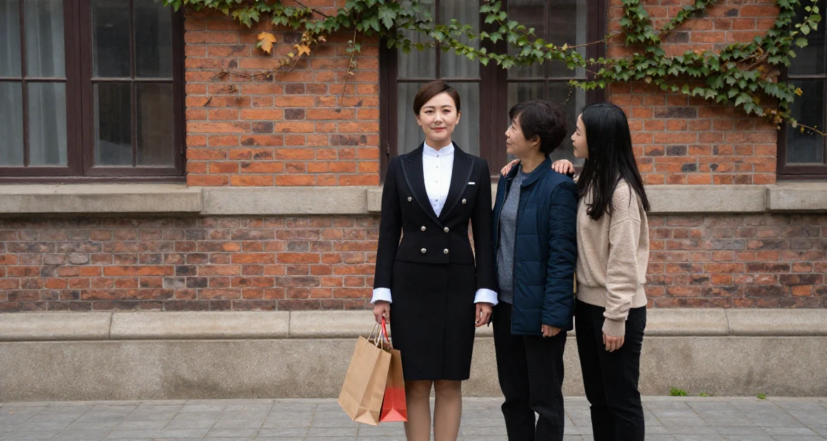 A calm and confident Female From China, holds a degree in human resource management in their 30, stepping confidently into a new decade of life, wearing a circus ringmaster outfit with a tailcoat, holding a shopping bag in a university campus.