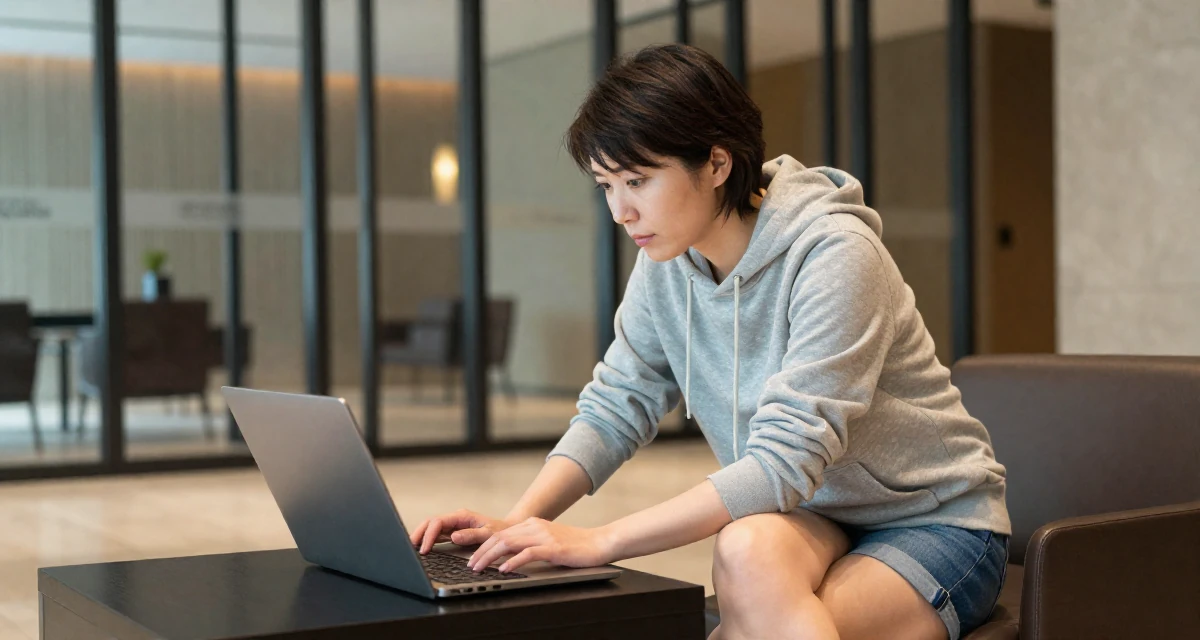 A patient Female From Japan, majored in information systems in their 30, carrying the weight of years of hustling online, wearing a casual hoodie and denim shorts, crossing legs in a luxury hotel lobby.