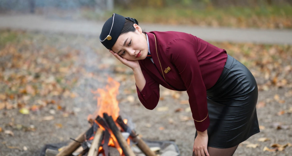 A playful Female Former flight attendant, now offering global-inspired aesthetic content in their 23, looking sophisticated but feeling lost inside, wearing a burgundy silk blouse and black leather skirt, looking down at the ground shyly in a campfire circle.