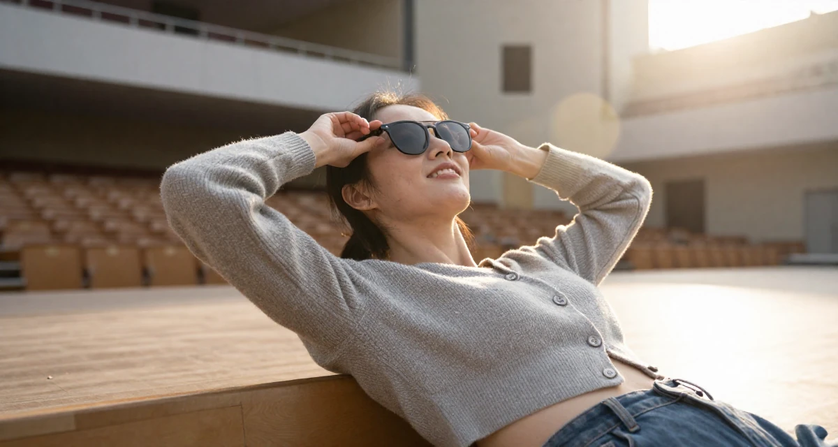 A friendly and approachable Female From Suzhou China, holds a degree in architecture in their 24, healing from past emotional wounds, wearing a cropped cardigan with only one button fastened, putting on sunglasses in a empty theater stage.