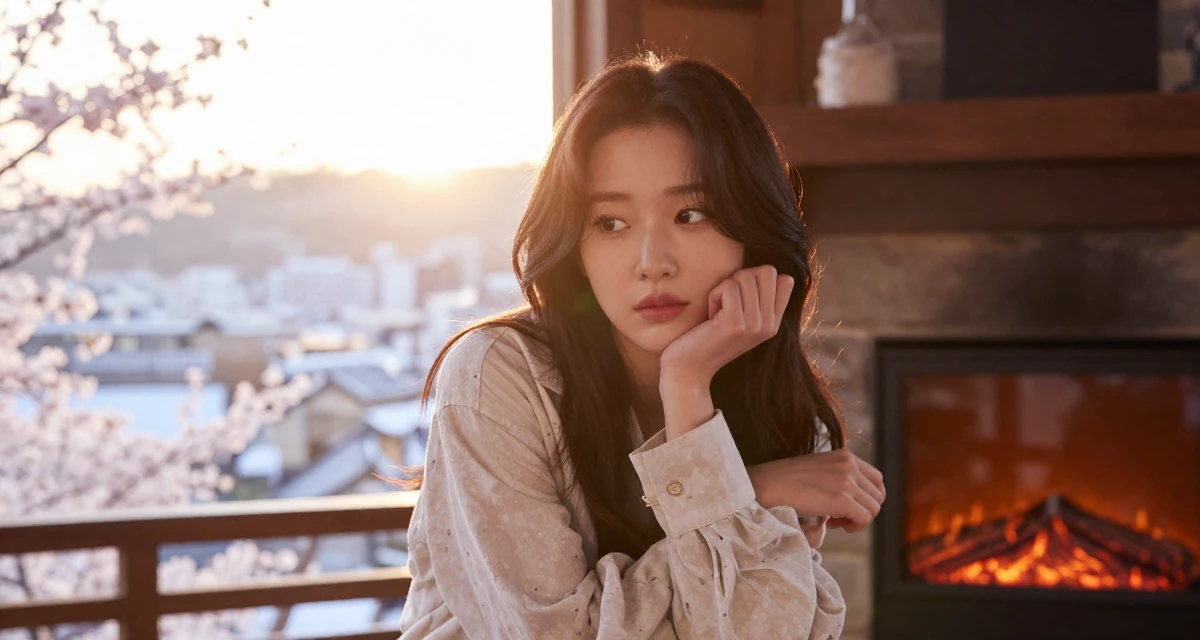 A deeply thinking Female From Seoul South Korea, studied K-style beauty and content editing in their 20, radiating fresh-faced youthful energy, wearing a relaxed vacation shirt, fixing a cufflink in a ski lodge fireplace.