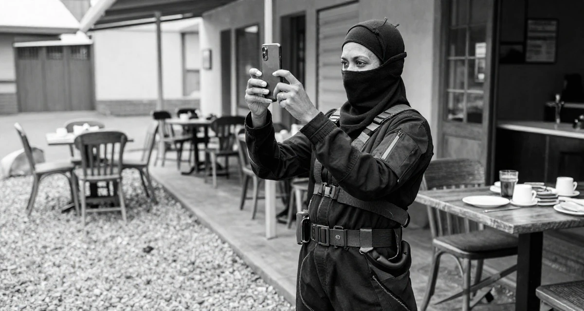 A quietly content Female From South Africa, studied journalism in their 50, established authority in a niche industry, wearing a tech-wear ninja outfit with a face mask, snapping a photo with a phone in a breakfast nook.