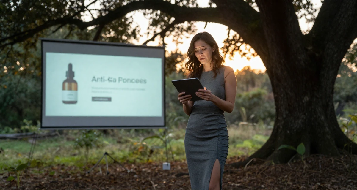 A sorrowful Female Once an art school dropout, now a self-taught creator with signature style in their 45, reviewing anti-aging products with honesty, wearing a long pencil skirt with a high side slit, holding a tablet device in a magical forest clearing.