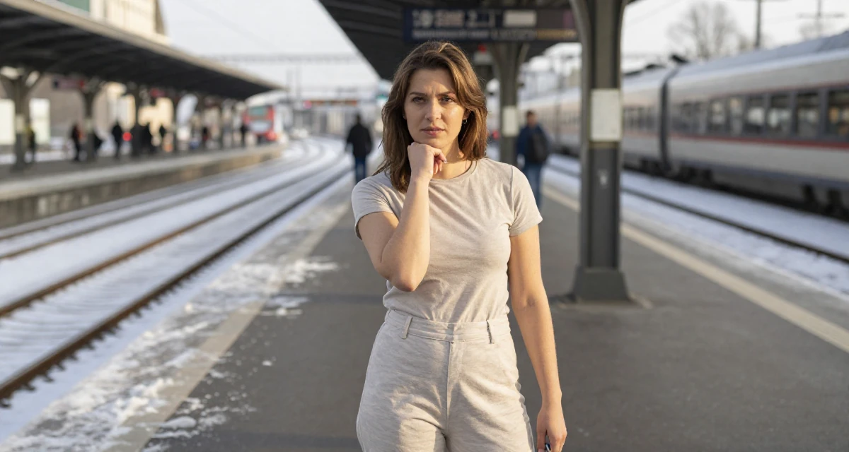A determined Female From Germany, based in Düsseldorf, graduated from a design university majoring in atmospheric visual storytelling in their 28, new to financial independence, wearing a cotton jersey romper that fits tightly, holding a pen in a snowy sidewalk.