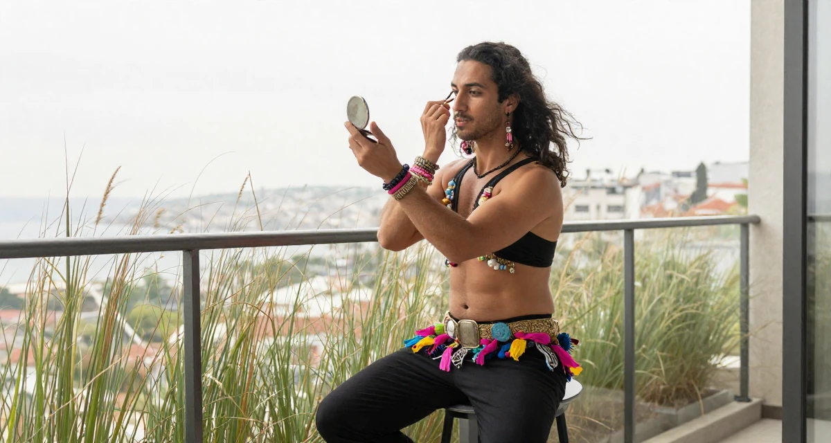 A deeply absorbed male From Istanbul Türkiye, learned belly dance and expressive movement in their 23, feeling the thrill of posting a bold outfit for the first time, wearing a pop of color accessory look, checking makeup in a compact mirror in a luxury penthouse balcony.
