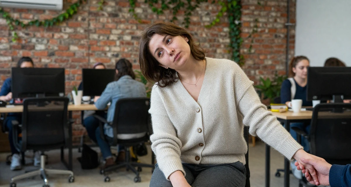 A lazy Female From Azerbaijan, majored in petroleum engineering in their 60, rediscovering passions, wearing a cozy knit cardigan and slacks, holding hands with someone unseen in a busy coworking space.