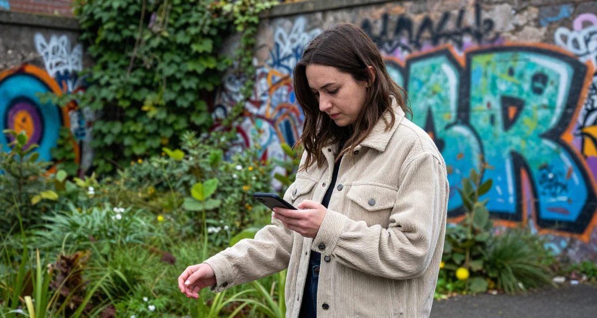 A enigmatic Female From Scotland, studied game design in their 22, experimenting with cosplay or themed shoots, wearing a soft texture corduroy jacket, scrolling casually in a graffiti art wall.